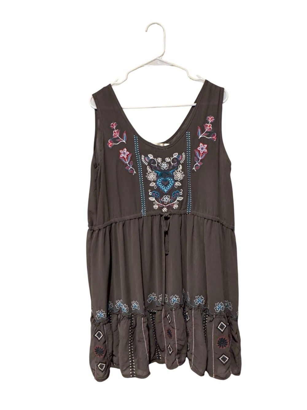 Embroidered Sleeveless Mini Dress in Brown with Pink & Blue Accents